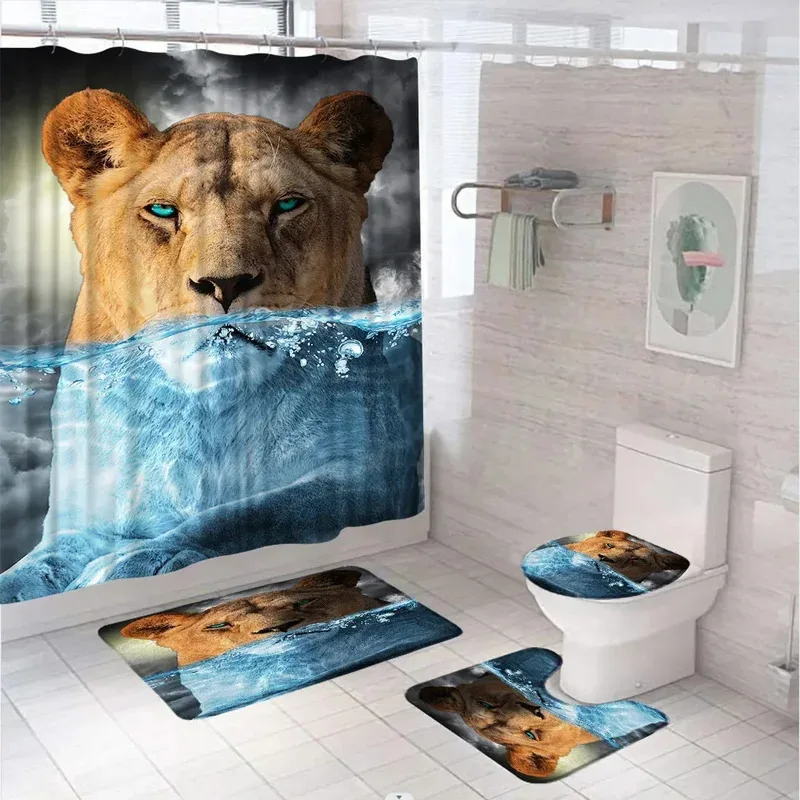 

HJN23Wildlife Lion Наборы штор для душа Wasteland Пейзаж Животные Экран для ванной комнаты Нескользящий ковер Крышка для унитаза Пол Ванна M6Jn