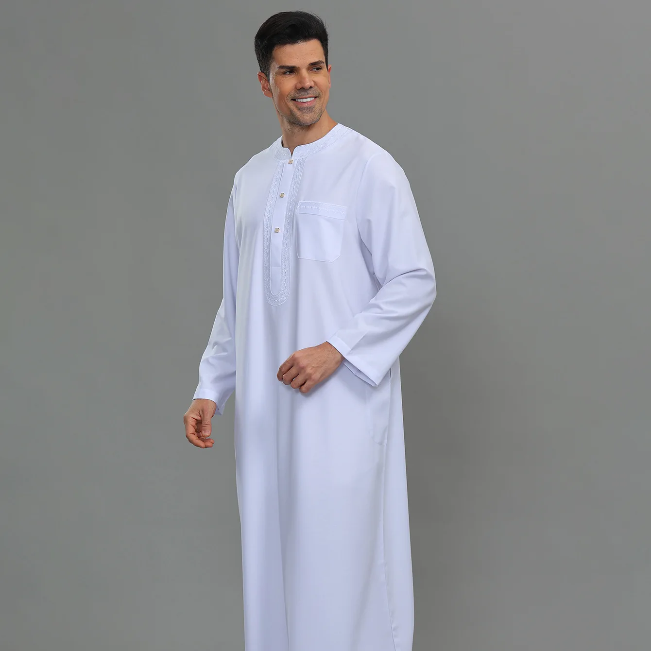 

Mens Kaftan Thobe Button Down Casual Cotton Long Sleeve Robe Linen Muslim Gown Kurta Caftan with Pocket