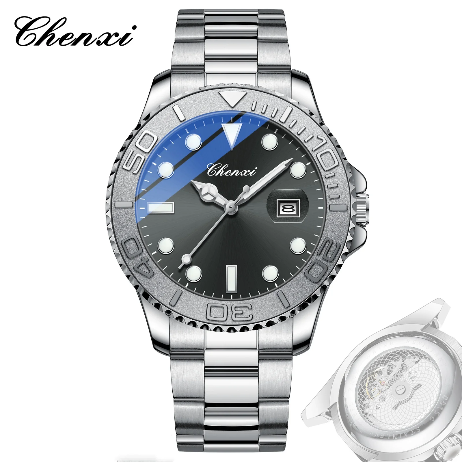 CHENXI 0015 Men's Quartz Watch Fashion Business Calendar Luminous Stainless Steel Strap Wristwatch for Male