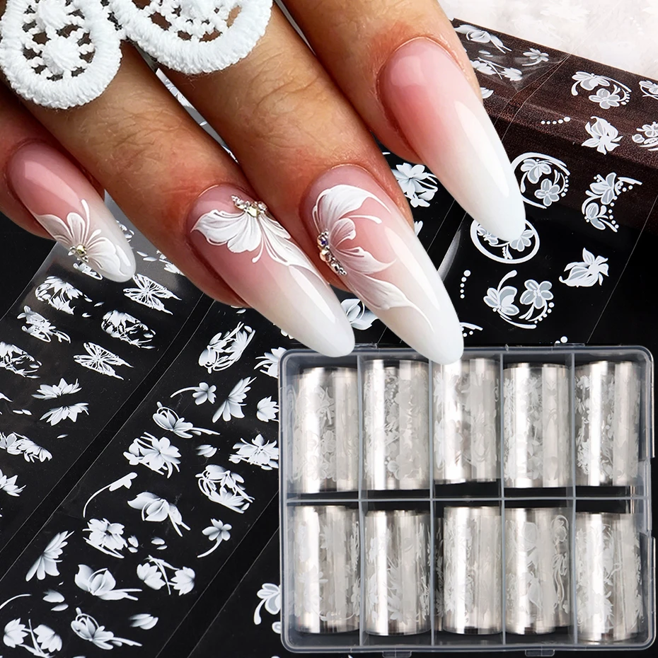 10 Rollen/Box Weiße Kamelie Orchidee Schmetterling Spitzen-Nagelfolien Aufkleber Elegante Spitzenblumen Hochzeitsdesign Nagelkunst Folien Dekor