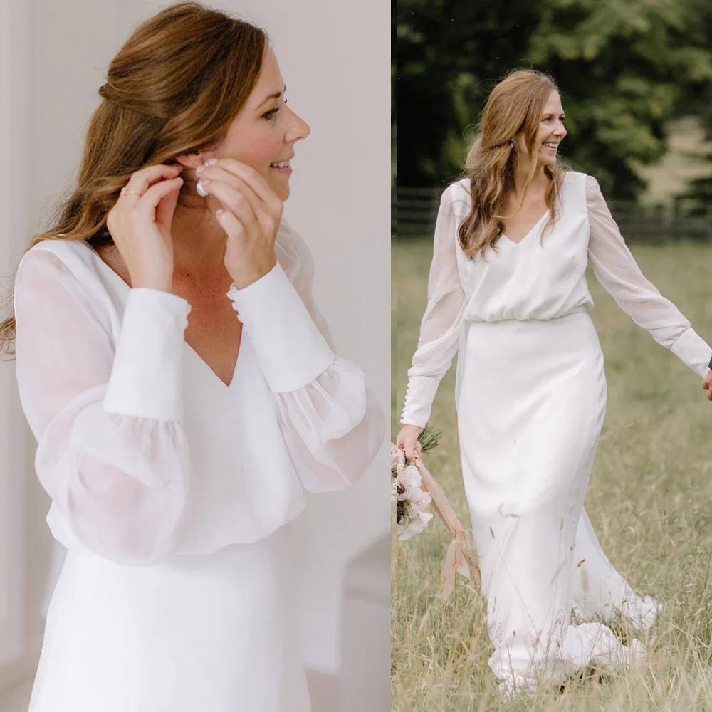 Long Sheer Sleeves Chiffon Sheath Micro Wedding Dress Buttons Backless Plus Size Drop Ship V Neck Customized Rustic Bridal Gown