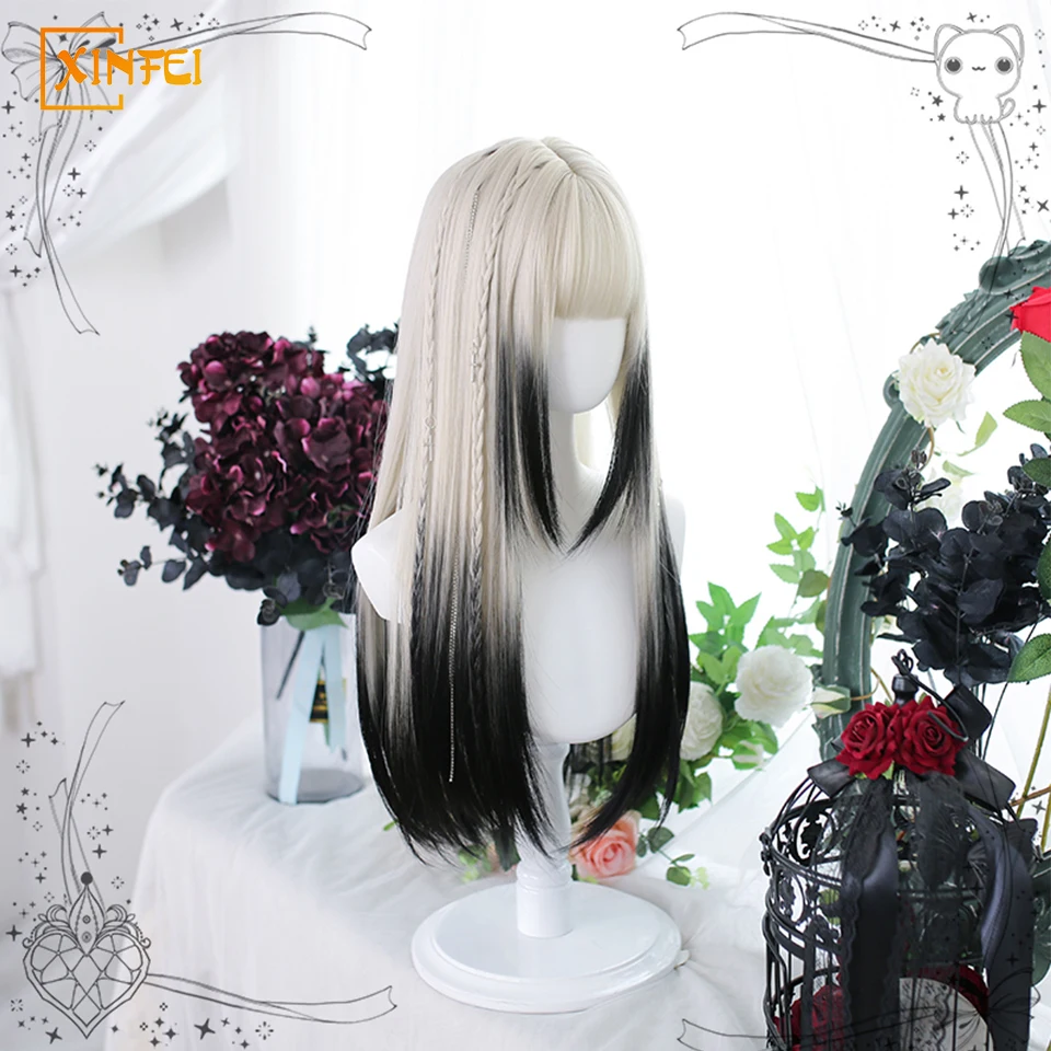 Peruca sintética reta longa para mulheres, cosplay lolita, extensão natural do cabelo, peruca de topo, gradiente preto e branco, cabelo fofo