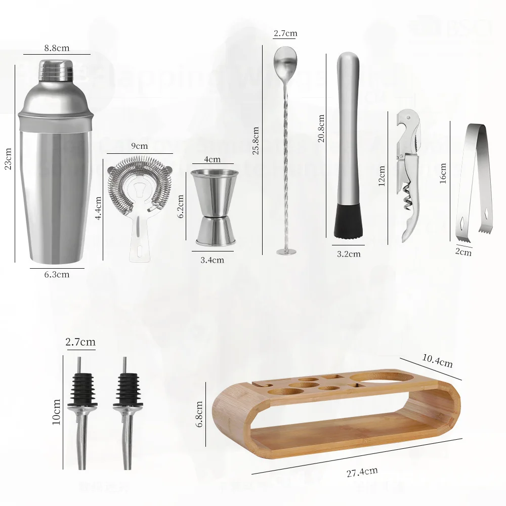 

Professional Stainless Steel Bartender Tools Set with Wooden Frame - Household Cocktail Shaker Kit for Mixology - Matte Finish