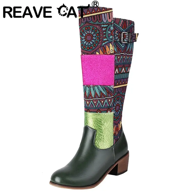 

REAVE CAT Женские сапоги для верховой езды с круглым носком на массивном каблуке 4,5 см, разноцветный принт, большой размер 44 45 46, модные сапоги до колена Bota