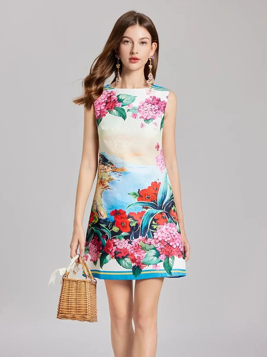 Summer Autumn Hydrangea Flower Jacquard Vest Short Dress Women Seaside Sleeveless Tank A Line Mini Dress Party Vestidos