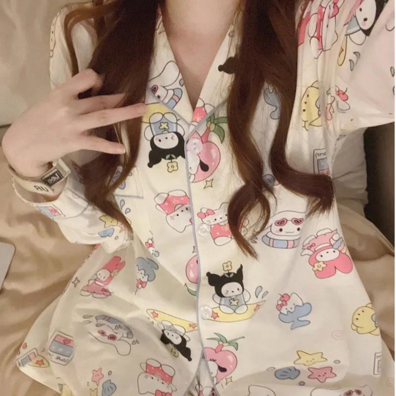 New Sanrio Sleepwear Kawaii Hello Kitty Cute Cartoon Pajamas Melody Women Autumn Long Sleeve Home Suit Pants Set Y2k Loungewear