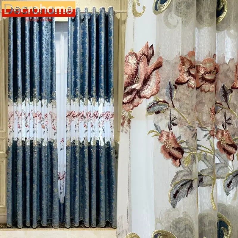 Customized Blue Hollowed Out Embroidery Window Screen Gilded Flannelette Curtains for Living Room Balcony Bedroom French Window