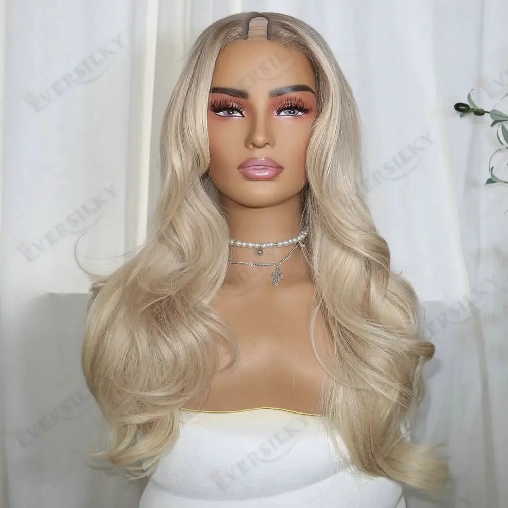 

Long Loose Wavy Platinum Blonde Ombre 100%Remy Human Hair 1X4 Size V Part Wigs Dark Blonde Roots Glueless U Part Adjustable Wigs