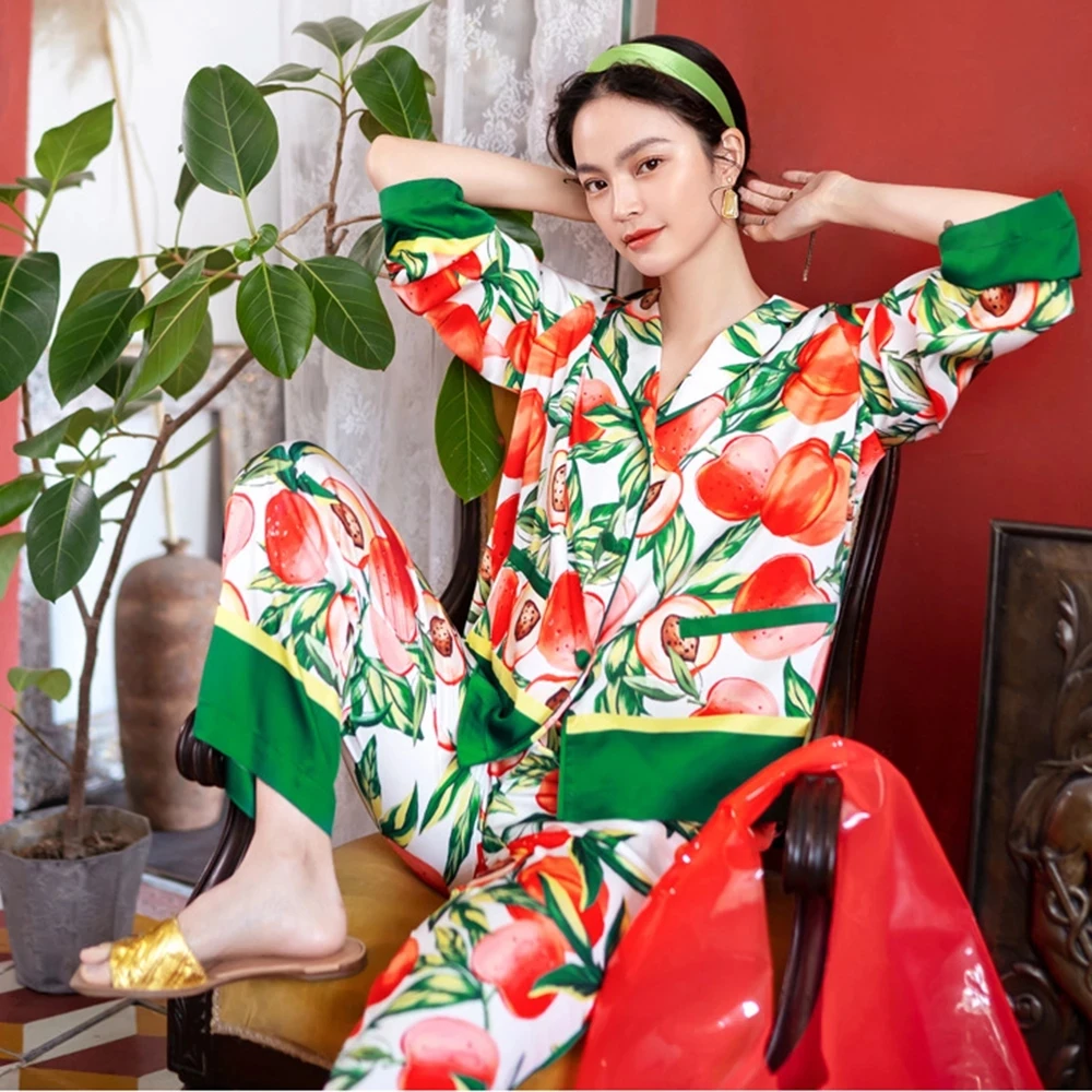2024 Spring Autumn Turn-down Collar Tropical Printed Silk Satin Pajamas Set Sleepwear Loungewear for Women Pyjama Femme 2 Pieces