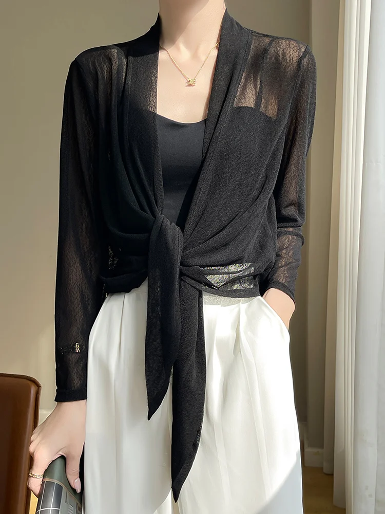 Women's Loose Knitted Air Conditioning Shirt Summer Sun Protection Mesh Outerwear Long Sleeve V-Neck Regular Length  Color