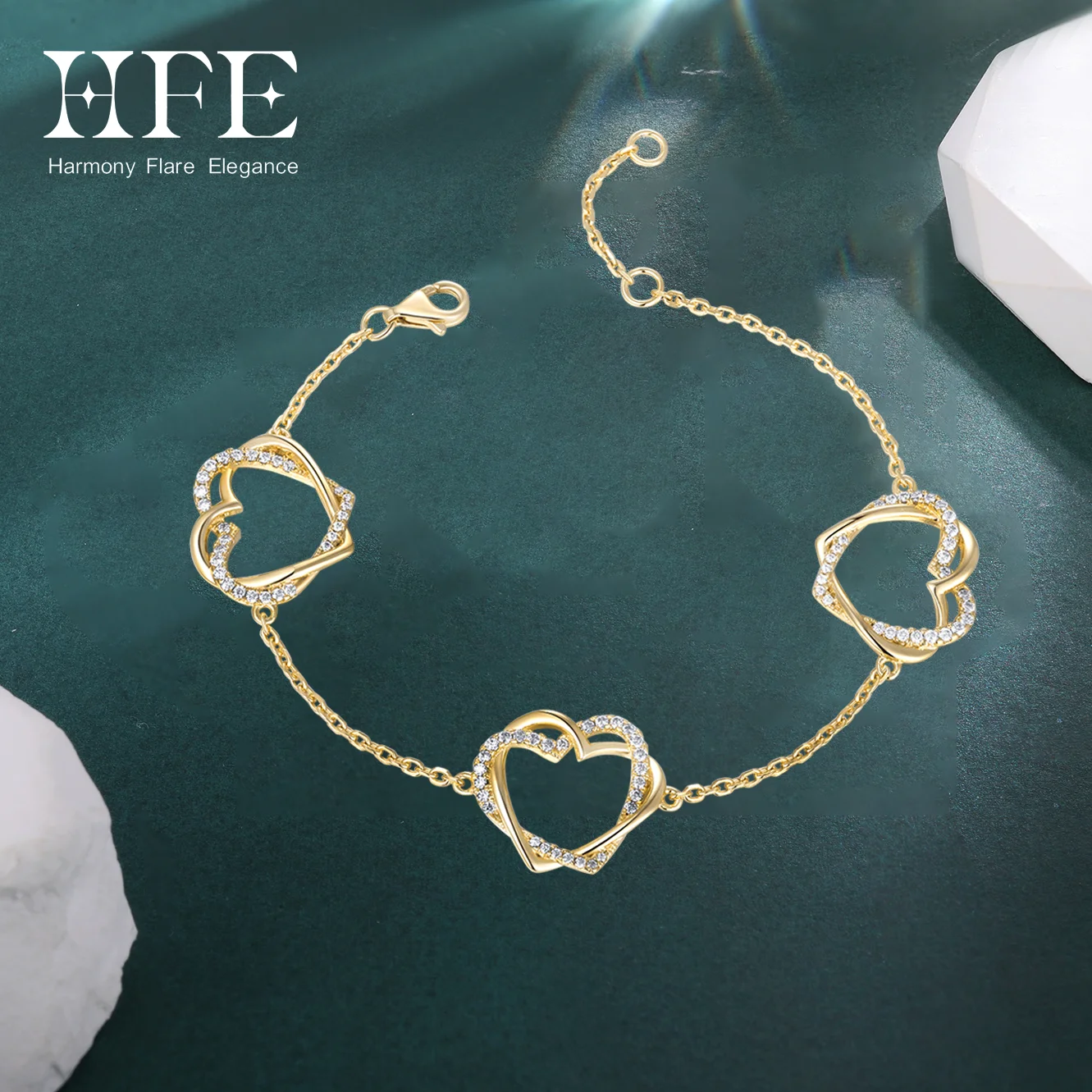 HFE Moissanite Double Hearts Chain Bracelet for Women S925 Sterling Silver Birthday Anniversary Valentines Ideal Gift for Her