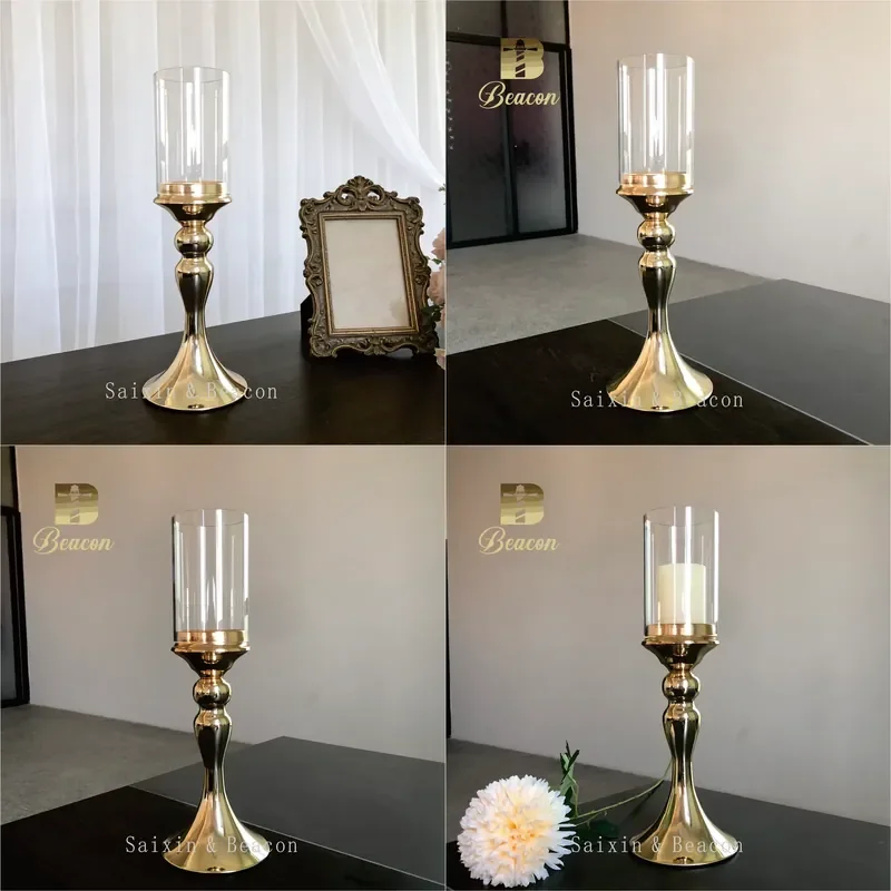 for Beacon Elegant Gold Carved Candlestick with Clear Glass Chimney for Wedding Table Ornaments and Home Decorations