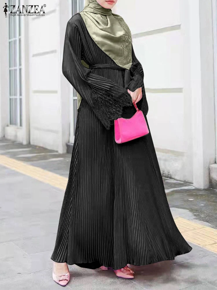 ZANZEA Lace Trim Flared Sleeve Plisse A-line Dress Women Elegant Muslim Fashion Solid Abaya Robes Islamic Belted Maxi Vestidos