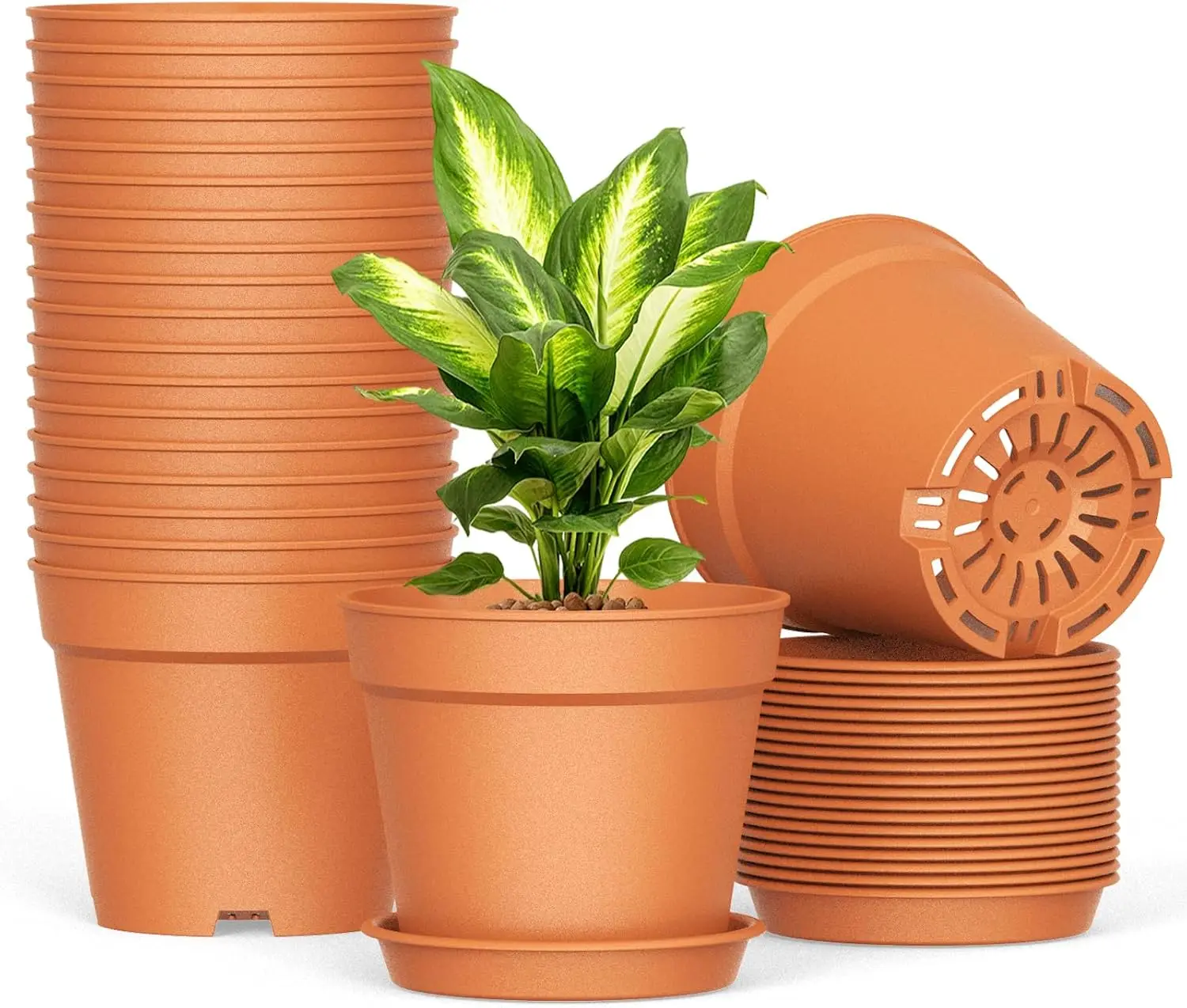 

20 Pack 6 Inch Plant Pots with Drainage and Saucers, Plastic Flower Pots for Indoor and Outdoor Plants, Stackable Nurser