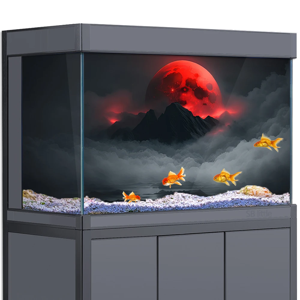 Aquarium Background Sticker Decoration for Fish Tanks,  Blood Moon Mist Clouds Mountains HD 3D Poster Self-Adhesive Waterproof