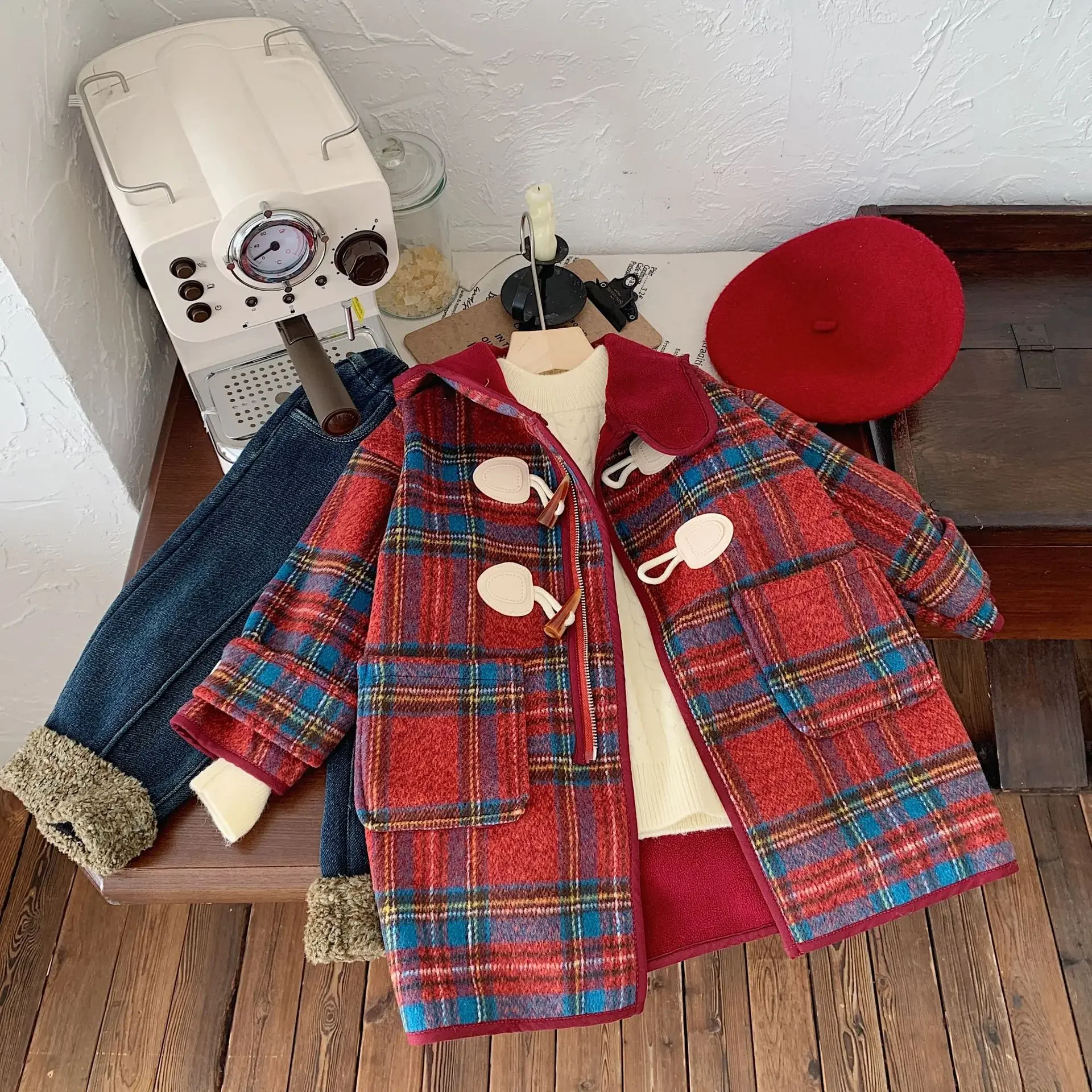 Girls Woolen Coat Boys and Girls Winter Padded Vintage Plaid Hooded Mid-length Baby Woolen Coat Korean Simple Style Clothes