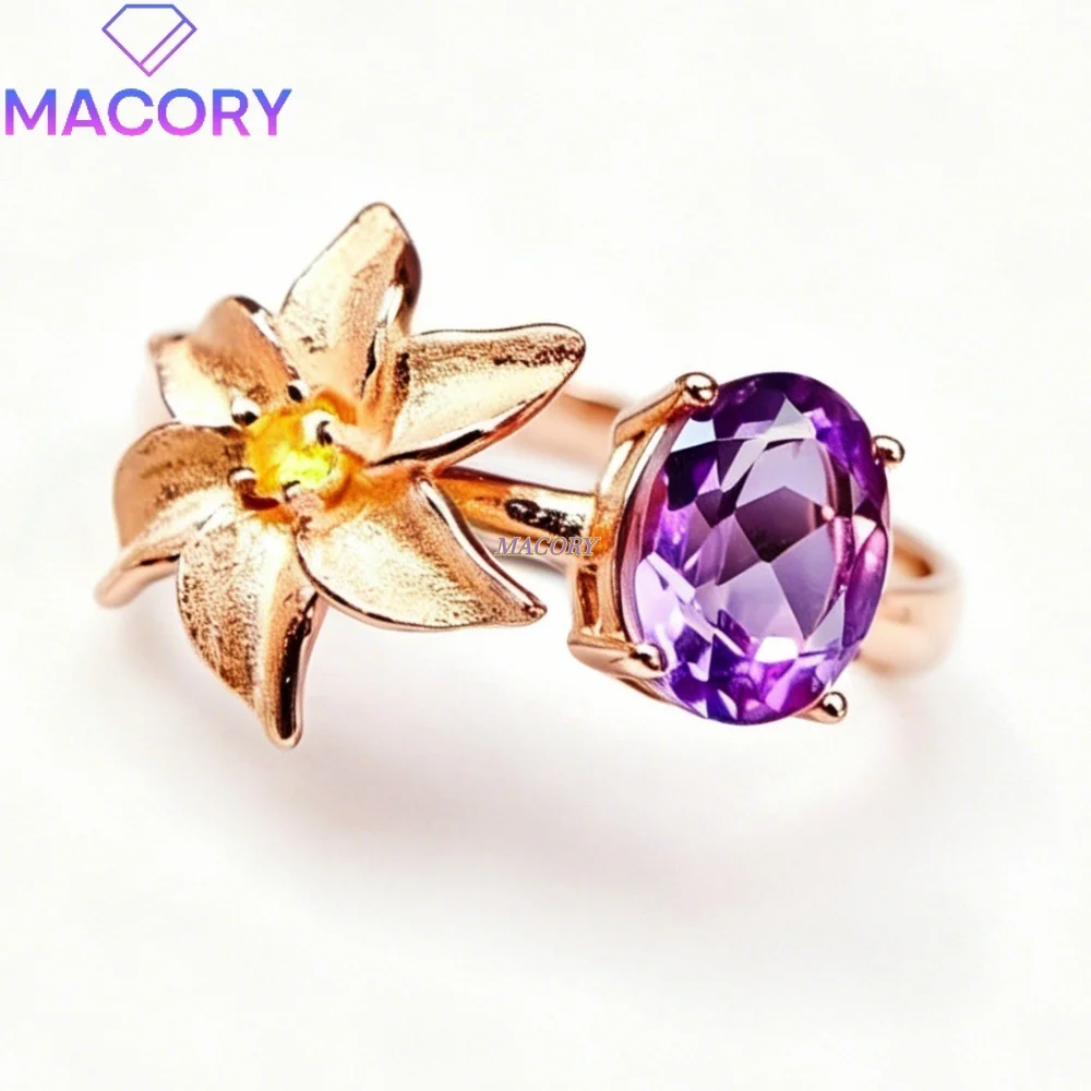 Natural Amethyst Ring S925 Sterling Silver Unique Niche Design Flower Shape Fashion Trend Valentine's Day Gift Birthday gift