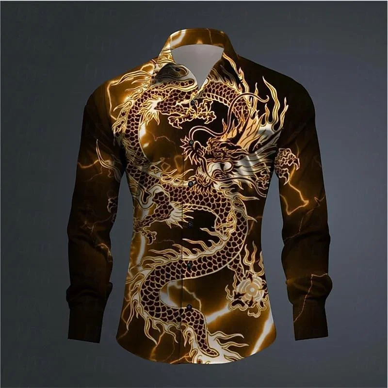 Men's Street 3D Dragon Print Long Sleeve Roll Up Button Up Shirt Outdoor Casual Beach Style Fashion Hawaiian Shirt