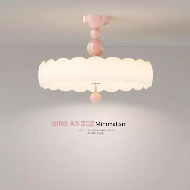 

French Cream Style Pink Wrought Iron Ceiling Lights Rotundity PE Lampshade Modern Bedroom Restaurant Living Room Hanging Lamps