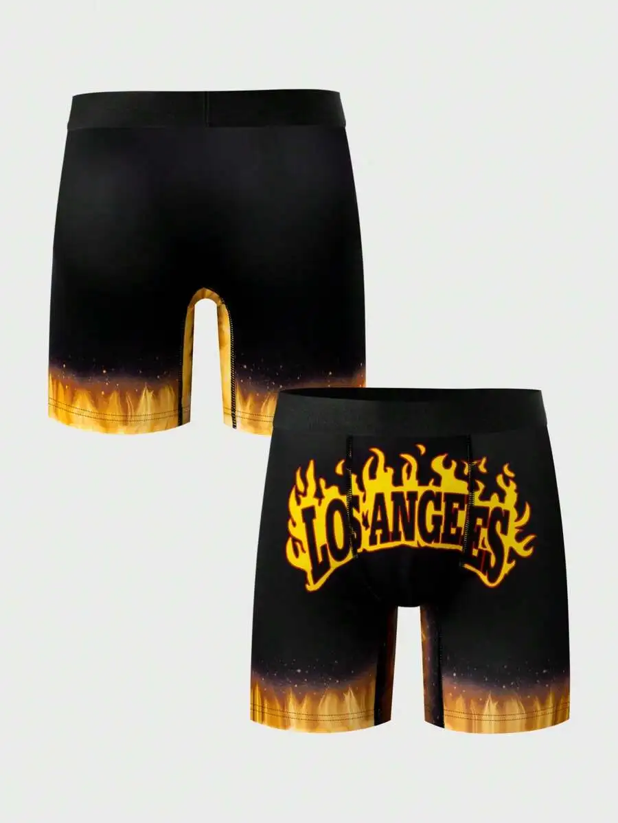 

Mens Flame Print Letter Design Elastic Waist Boxer Briefs