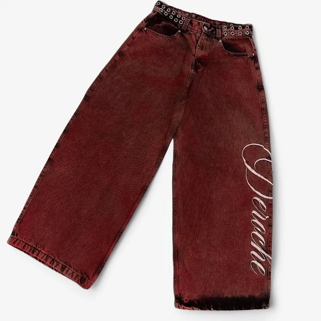 

Винтажные джинсы 2000-х годов с красными заклепками и поясом, повседневные джинсовые брюки, прямые широкие джинсы, Harajuku Y2k, женская одежда