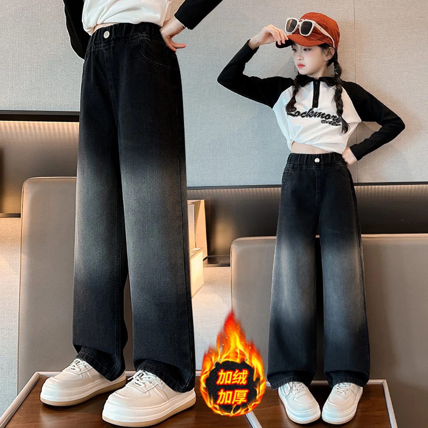 أزياء الفتيات صوف مبطن الجينز سميكة الدافئة السراويل عالية الخصر ضئيلة مستقيم الدينيم السراويل للأطفال الكبار الخريف الشتاء ﻿