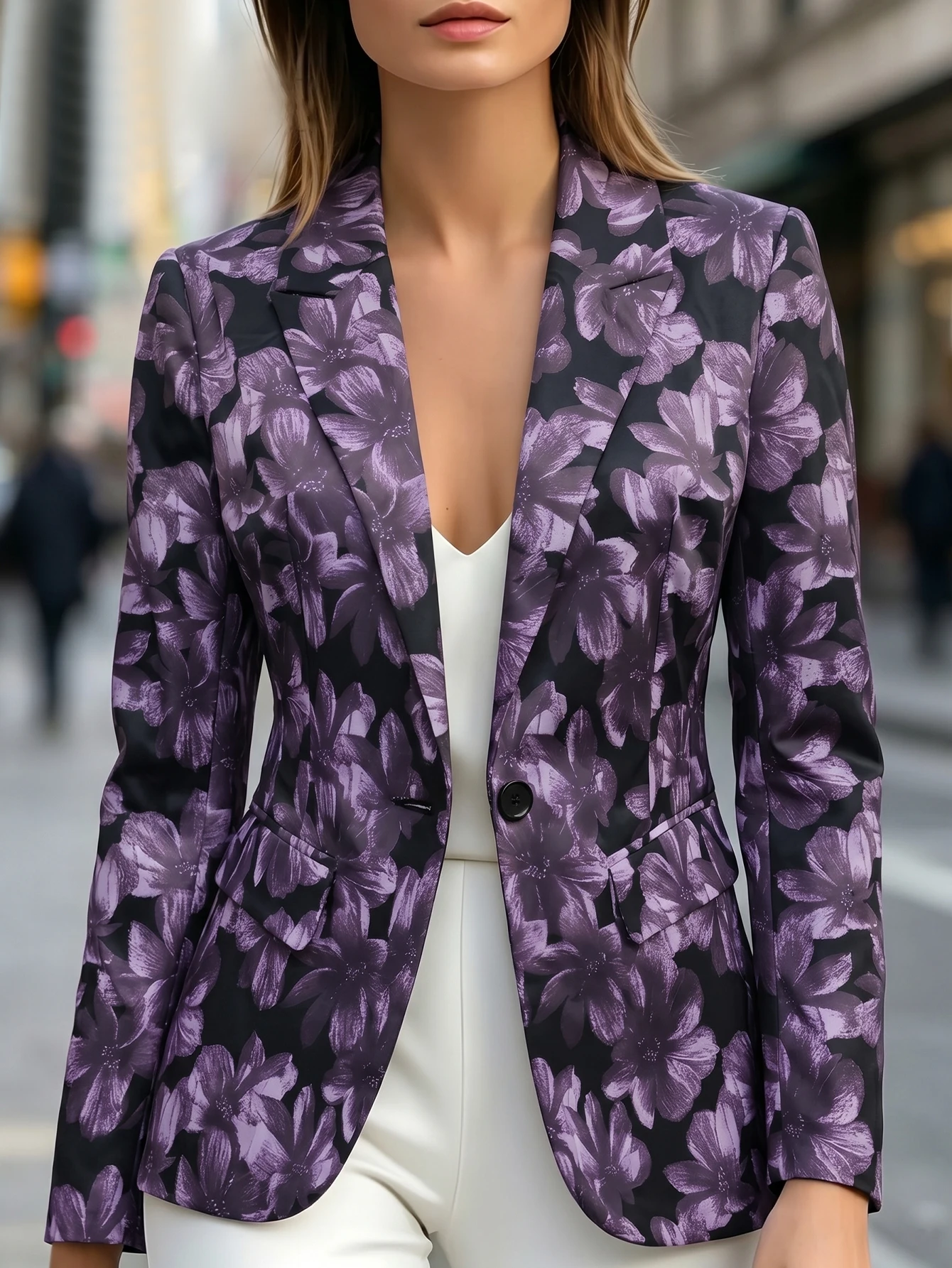 Women's Purple Floral Print Single-Button Blazer, Elegant Lapel Collar Long-Sleeve Office Blazer, Women's Elegant Slim-Fit Blazer for Business Casual and Date Occasions