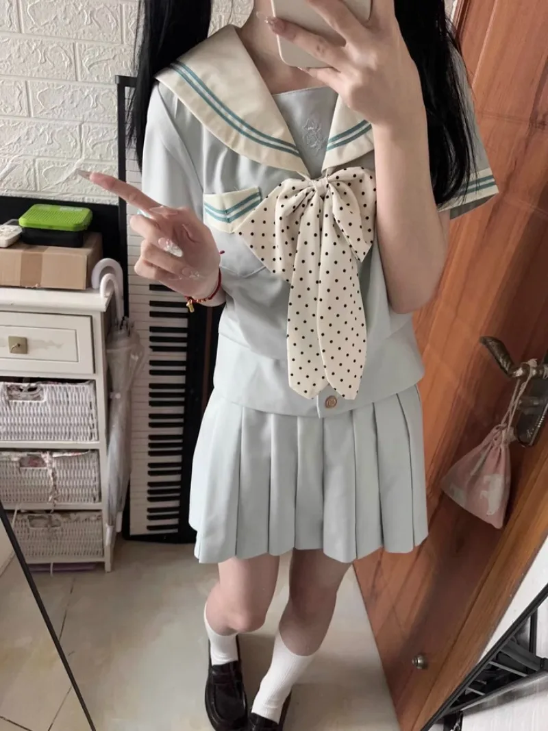 Japanese Summer and Autumn Green College Feng Shui Hand Collar Jk Uniform Waist School Pleated Skirt Suit For Women