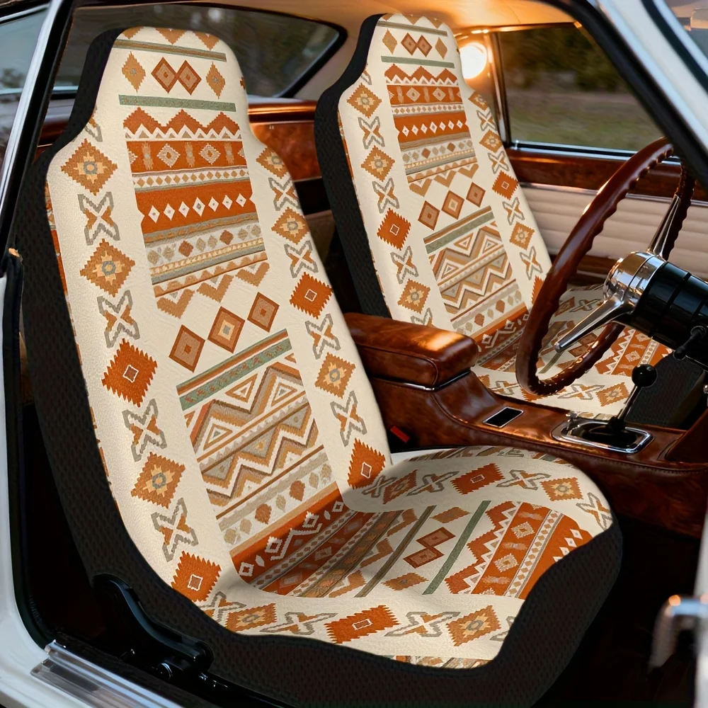 Set Of 2, Abstract Textile Design With Geometric Stripes For Car Seat Covers, Universally Washable Material, Infuses Character A
