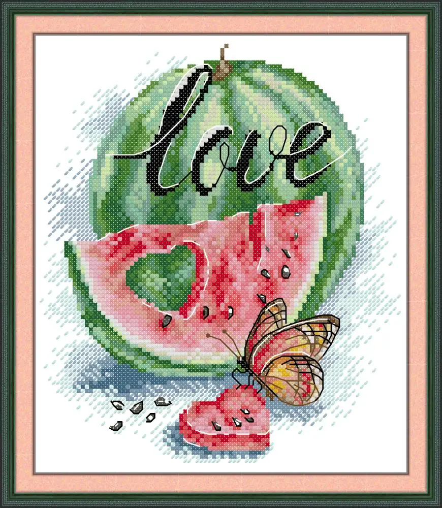 

Maydear Full Cross Stitch Kit, 11CT/14CT/16CT/9CT Aida Fabric,DMC Threads Sewing Pattern Embroidery Set-Love watermelon