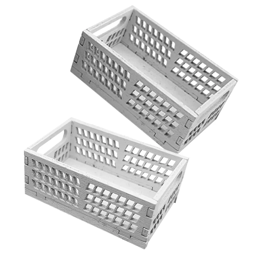 2 Pcs House Storage Box Miniature Things Pretend Play Miniatures for Crafts Wooden Frame Crates Basket Micro-scene Baskets