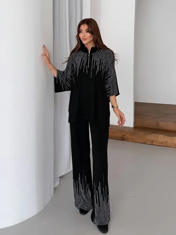 Women Batwing Top Wide Leg Pants 2 Piece Abaya Set High Neck Shiny Beaded Modest Matching Suit Muslim Evening Party Dubai Outfit