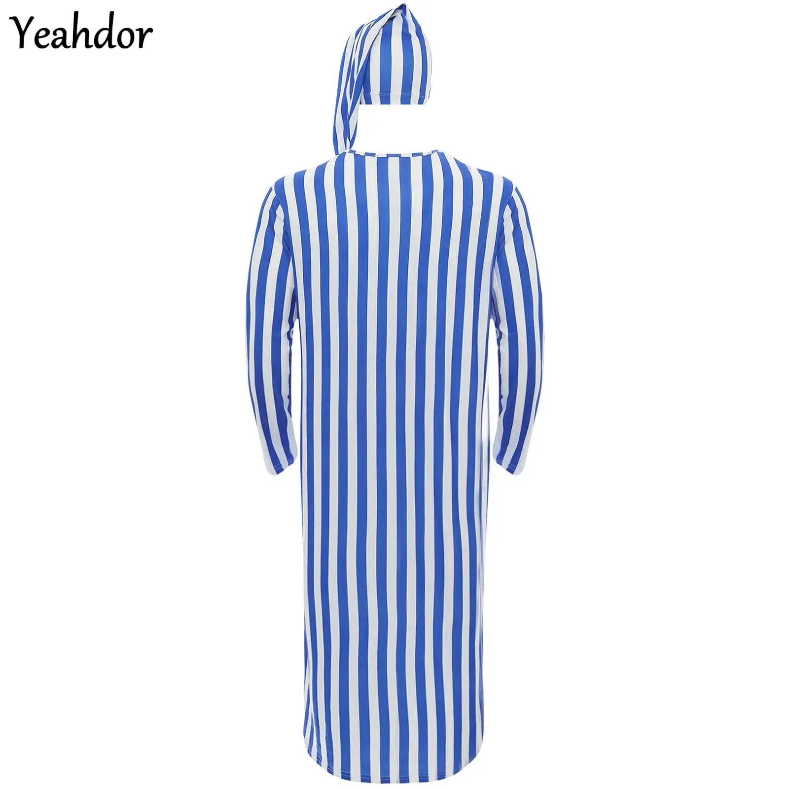 

Men Christmas Striped Sleep Robe Long Sleeve Long Robe Nightshirts And Sleep Hat Pajama Set Soft Loose Sleepwear Robe Nightdress