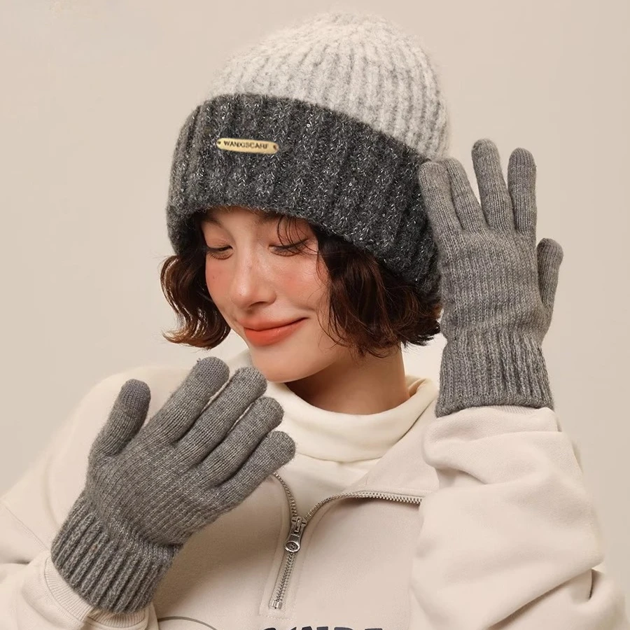 مجموعة قبعة وقفازات دافئة، قبعة مقاومة للرياح والبرودة، قبعة غزل محبوكة برأس كبير متعددة الاستخدامات، الخريف والشتاء، قطعتان #2