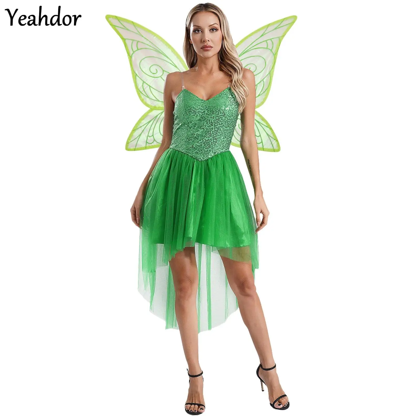 

Women Halloween Forest Tinker Dress Up Fairy Tale Elf Cosplay Costume Sequin Tulle Green Princess Dress And Butterfly Wings Suit