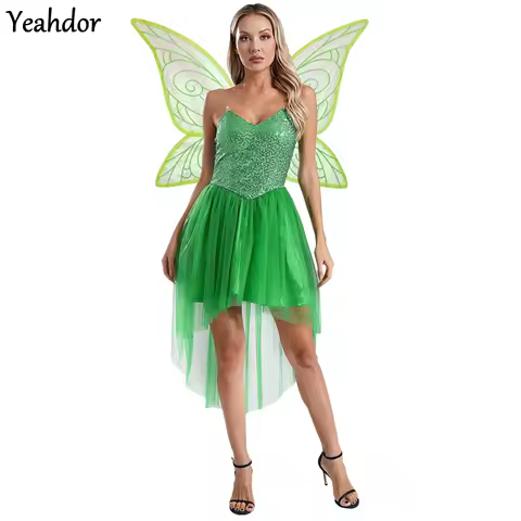 Women Halloween Forest Tinker Dress Up Fairy Tale Elf Cosplay Costume Sequin Tulle Green Princess Dress And Butterfly Wings Suit