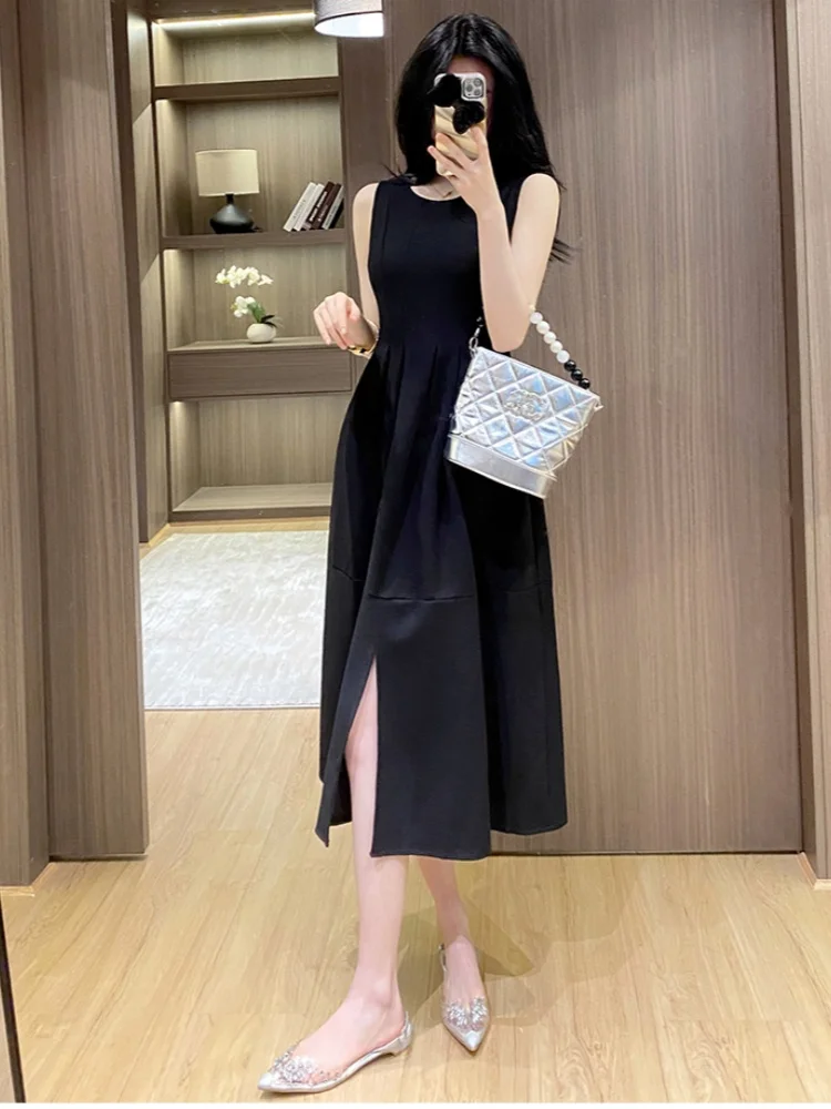 Smthma francês elegante preto frente split vestido de verão feminino o-pescoço sem mangas cintura fina casual vestidos longos robe