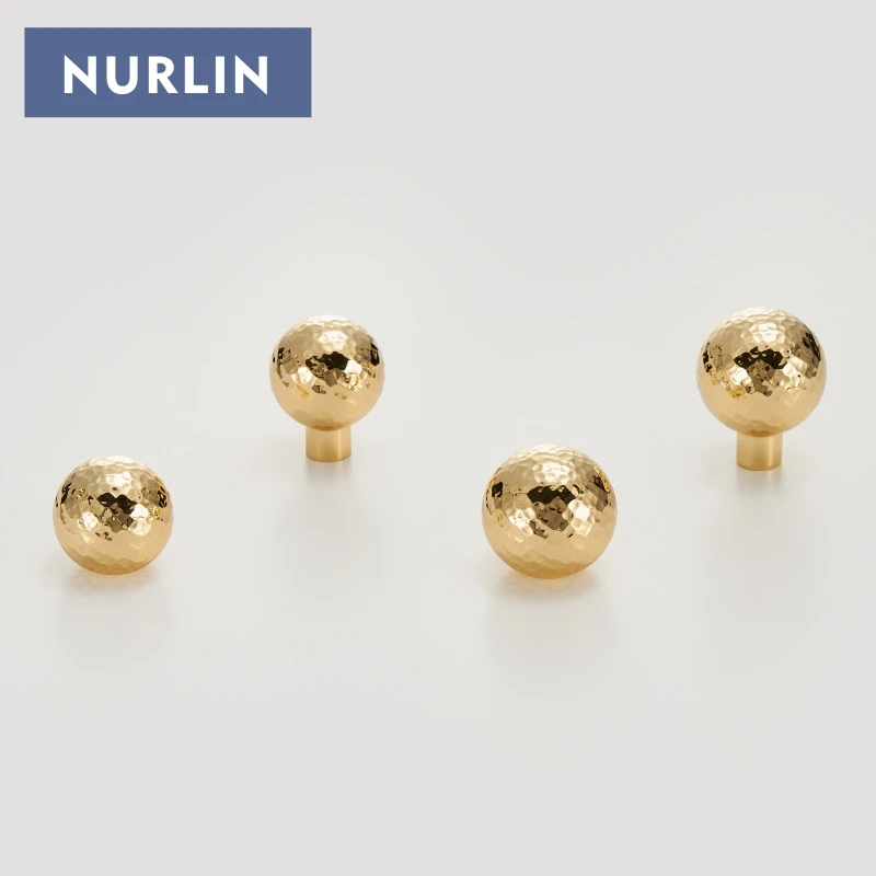 Nurlin Brass Handmade Hammer Pattern Moon Surface Shiny Gold Ball Shaped Kitchen Cabinet Drawer Wardrobe Door Furniture Knobs