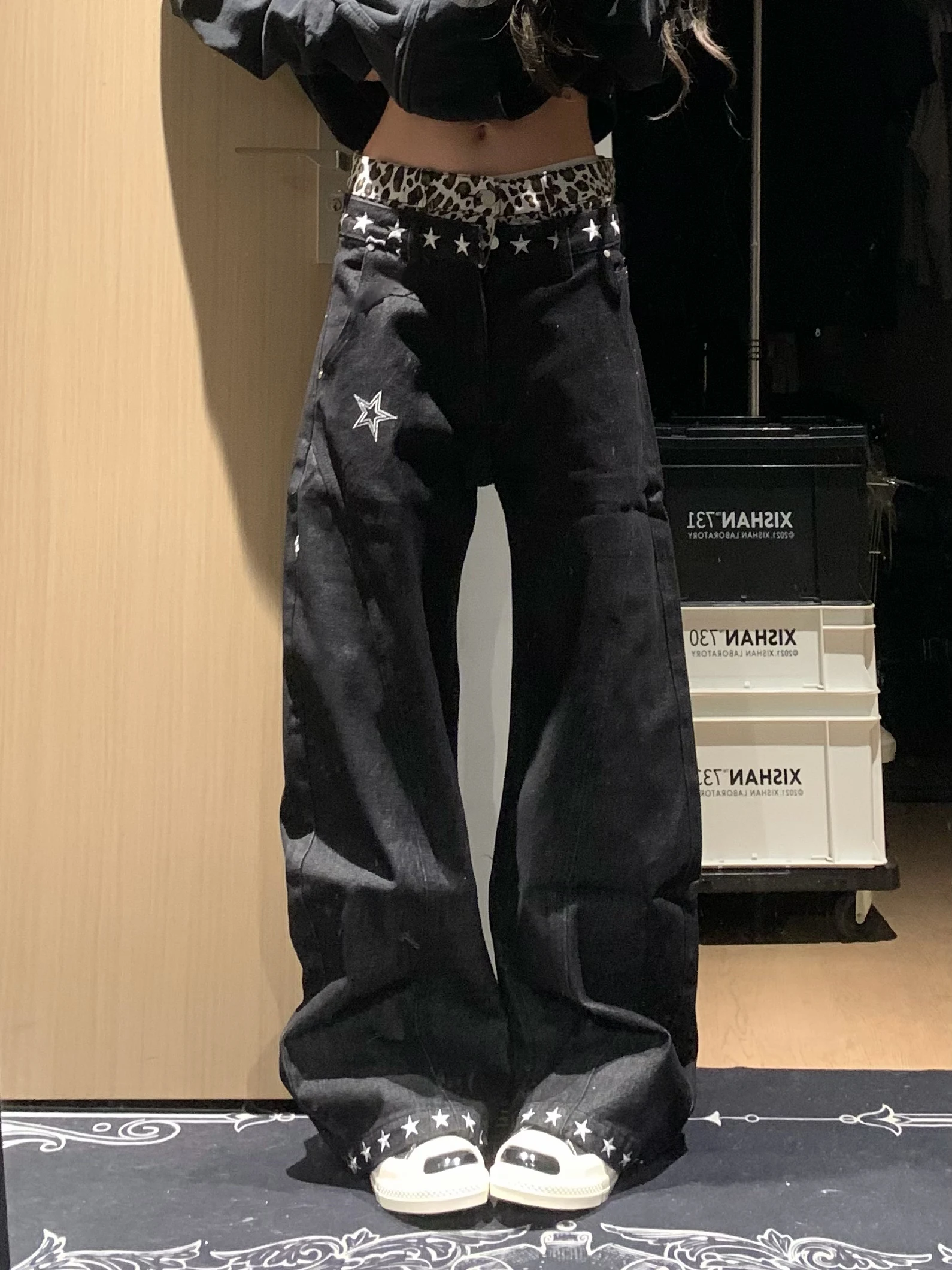 American Street Retro Star Leopard Print Patchwork Fake Two-Piece Jeans Loose Straight Leg Wide Leg Women's Men's Long Pants