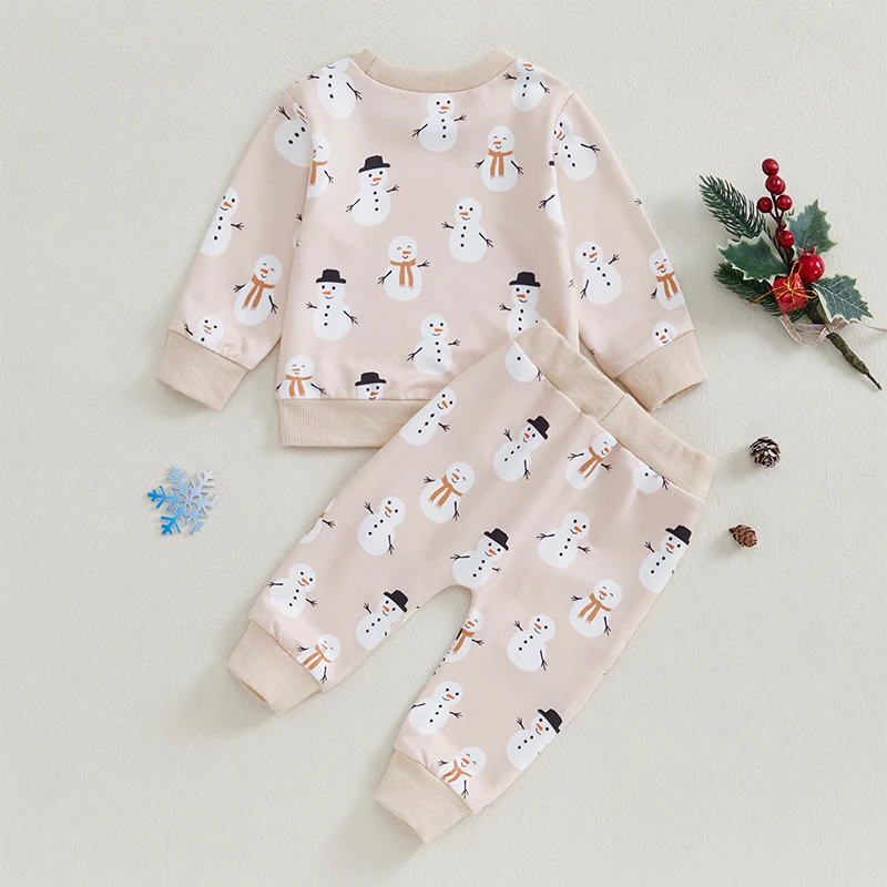 Baby Boy Girl Christmas Outfits Snowman Print Long Sleeve Crew Neck Sweatshirt with Elastic Waist Pants 2Pcs Set