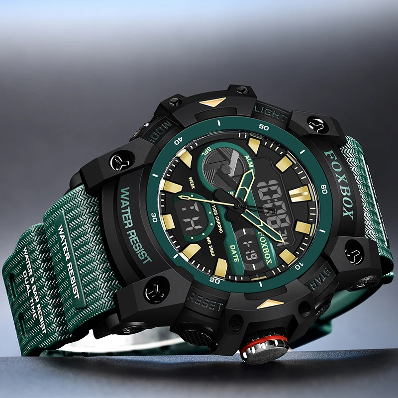 FOXBOX TOP Men's watches quartz wristwatch waterproof dual time display military men's clock watches for men reloj hommes+BOX