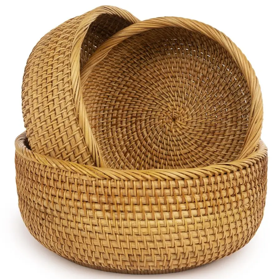 

Woven Fruit Basket For Holder Bowl Decorative Bread Vegetable, Serving Bowl Set of 3 For Organizing Kitchen Natural Rattan Picni
