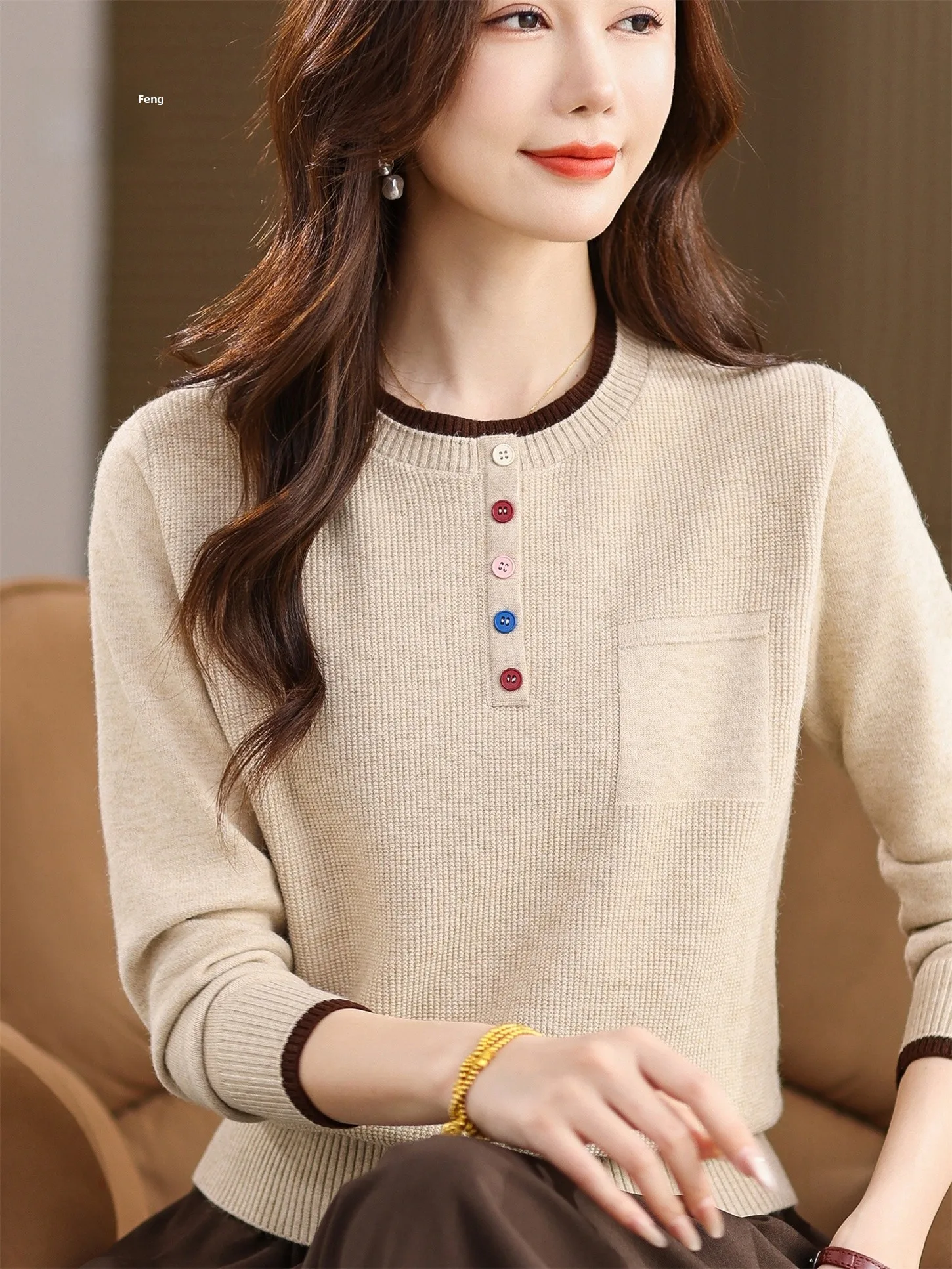 

Faionable round Ne Knitwear Thin Loose Base Layer Top for Middle-Aged Women Spring Autumn New Sle Breathable Comfortable