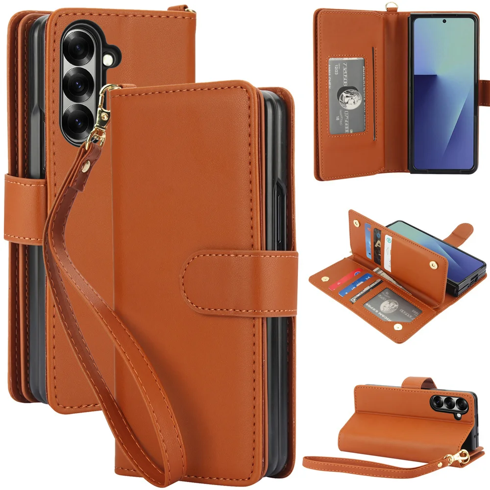 

Wrist Strap Zipper Wallet Card Slot Phone Case for Samsung Galaxy Z Fold 7 6 5 4 Fold7 Fold6 Fold3 Kickstand Leather Flip Cover