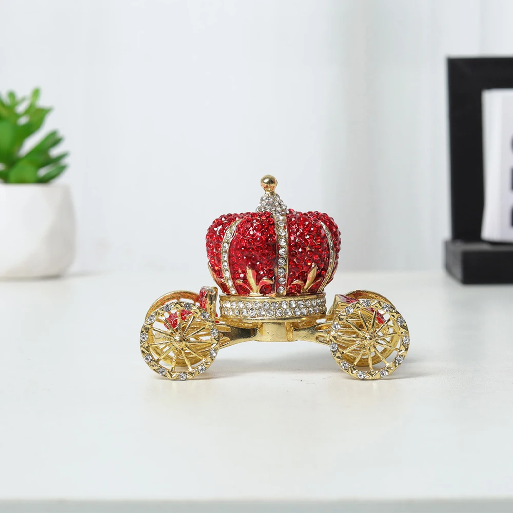 التاج الأحمر سيارة حلية صندوق متمحور حجر الراين مرصع بالجواهر الملونة خاتم من المينا صندوق قابل للفتح الزخرفية يتوقف عرض المجوهرات حامل #3