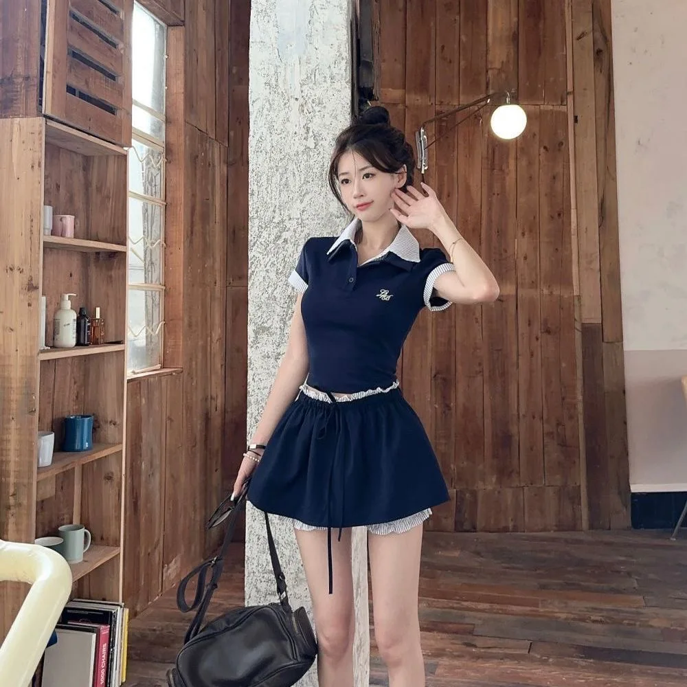 

Summer Shirt Short Sleeve Women's Set A-Line Skirt Anti-Light Half Skirt Shirt Design Stripe Splicing Umbrella...