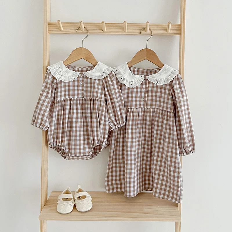 

Baby Girl Romper Infant Doll Collar Plaid Long Sleeve Jumpsuit Girls Dress Sister Outfit Spring Autumn New