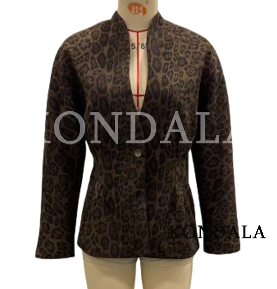 KONDALA Women Trendy Vintage Leopard Blazer V-Neck Single Breasted  Blazer New Fashion 2026 Early Fall Party Commute Lady Blazer