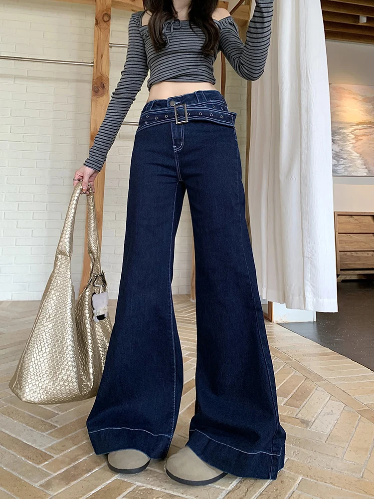 المرأة خمر Bootcut الجينز الخريف الشتاء الأزرق الداكن هوتي المرقعة الدنيم السراويل عادية مكتب سيدة عالية الخصر فضفاض بنطلون جديد #5