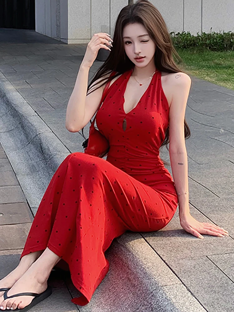 Robe longue d'été rouge à pois, Chic, montée sur le cou, élégante, dos nu, Sexy, Vintage coréen, robe de soirée de luxe, 2025